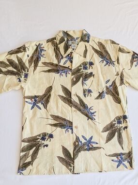 Vtg Foliage Hawaiian Blue Orchids Linen Blend Button Up Shirt Mens Size Lg**Spot